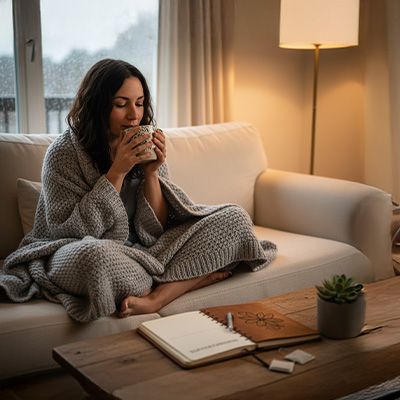 Monk's pepper for your cycle “Woman in knit blanket drinking tea on sofa in rain – symbol of cycle balance, retreat and everyday well-being”