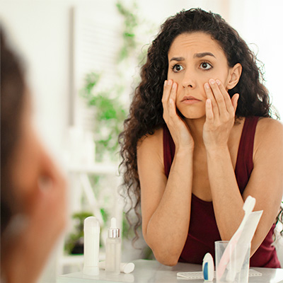 Woman looking at her face in the mirror – soft daylight, symbolic image for skin and vitamin A care
