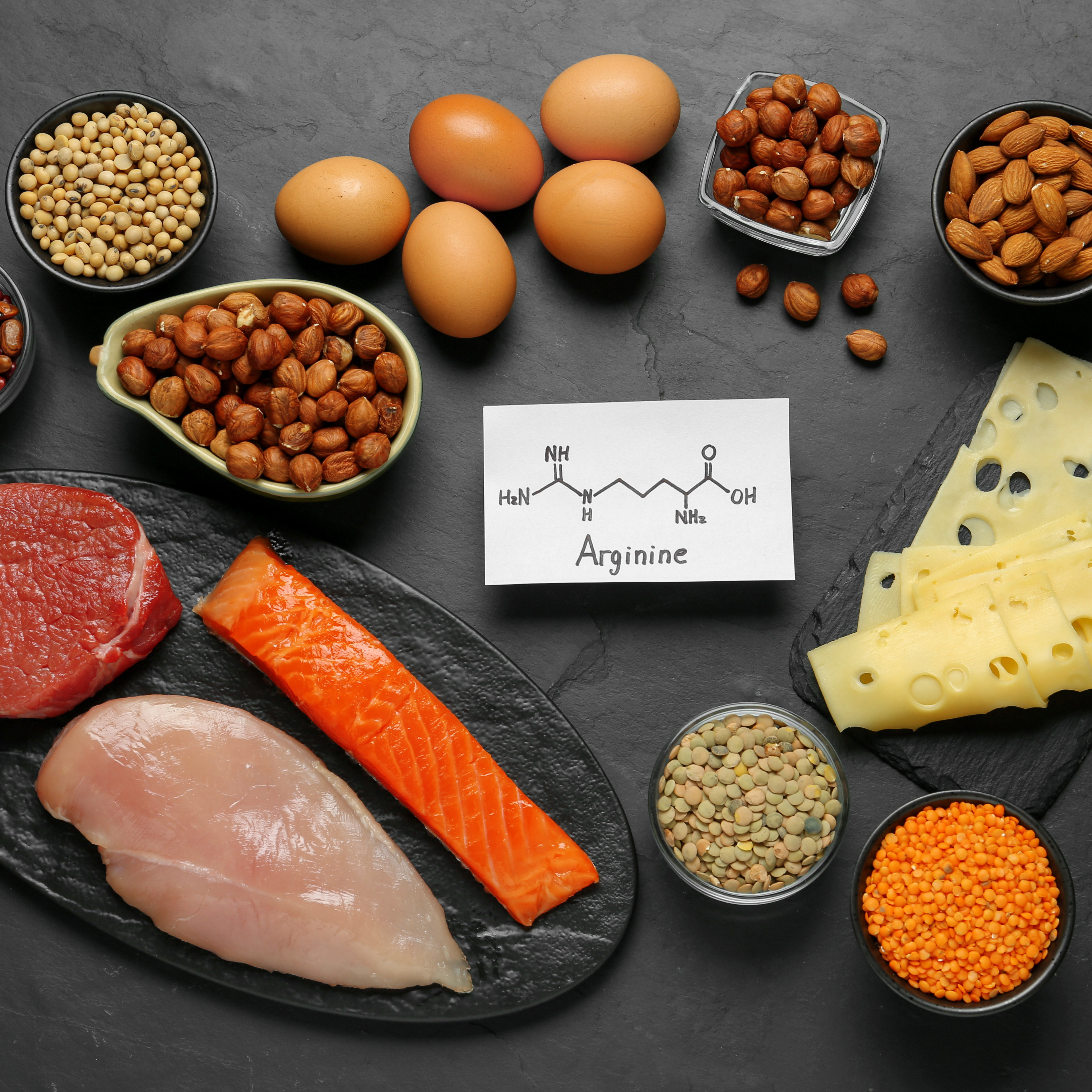 Arginine-rich foods including salmon, chicken, eggs, nuts and legumes with structural formula on a dark background
