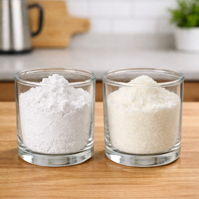 Zwei Gläser mit weißem Pulver auf Holzuntergrund – links feines Pulver, rechts körnige Struktur, neutral beleuchtet