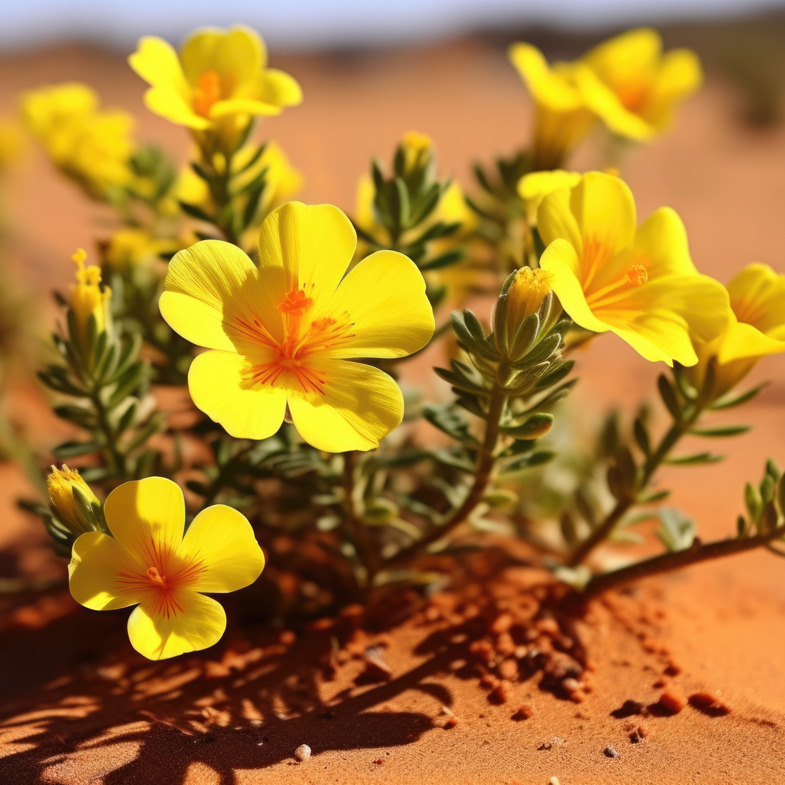 Aus der Hitze in die Kraft: Mit Tribulus terrestris zu mehr Balance & Energie Gelbe Tribulus-Blüten in sandiger Landschaft – Symbol für natürliche Pflanzenkraft, Vitalität und hormonelle Balance