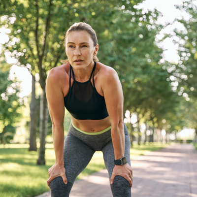 Stay mineralized when it gets hot Athletic woman bending forward after workout in park – symbol of energy, mineral balance and endurance