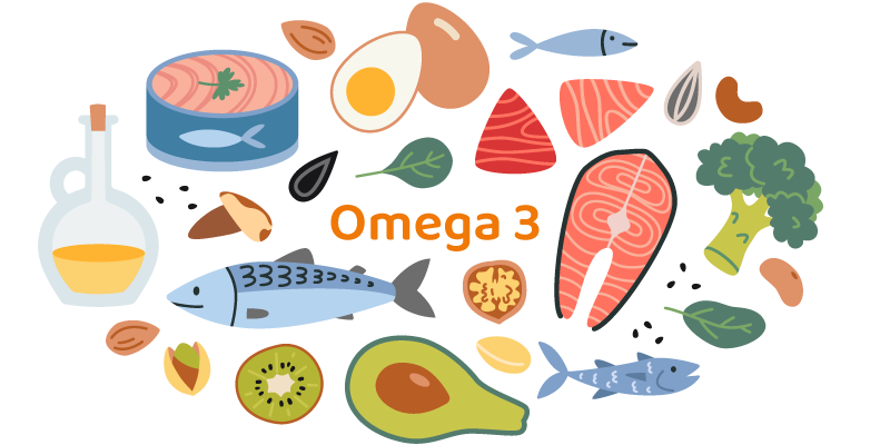 Illustration of various foods around “Omega 3” text – clean graphic, clear and informative presentation