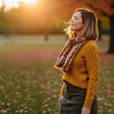Ein Hauch Sonne für graue Tage „Frau im Herbstpark mit geschlossenen Augen genießt Sonnenlicht – Symbol für Vitamin-D-Aufnahme und Wohlbefinden“