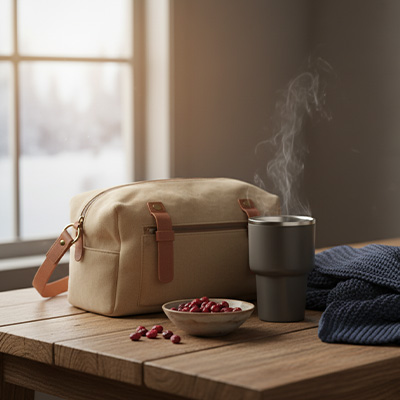 Kosmetiktasche, dampfender Becher und Schale mit roten Kapseln auf Holztisch vor Winterfenster – weiches Morgenlicht, ruhige Stimmung