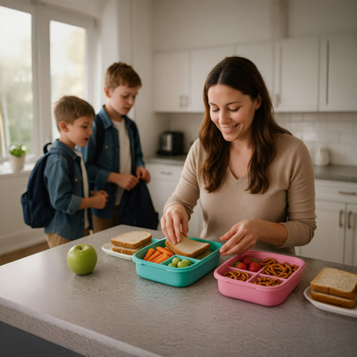 Kinder stark durch den Tag „Mutter bereitet gesunde Brotdosen vor, zwei Kinder mit Schulranzen warten – Symbol für Nährstoffe, Familienalltag und Schulstart“