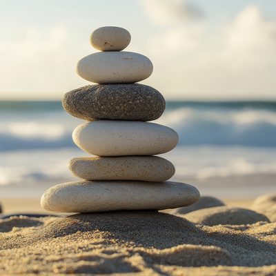 Steinturm am Sandstrand vor Wellen – Symbol für Balance, Achtsamkeit und innere Ruhe in der Urlaubszeit