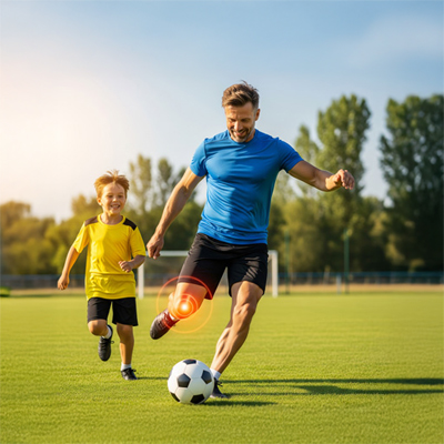 Gelenke stark im Alltag „Mann spielt Fußball mit Kind, Knie grafisch hervorgehoben – Symbol für Gelenkbelastung, Bewegung und Vitalität“