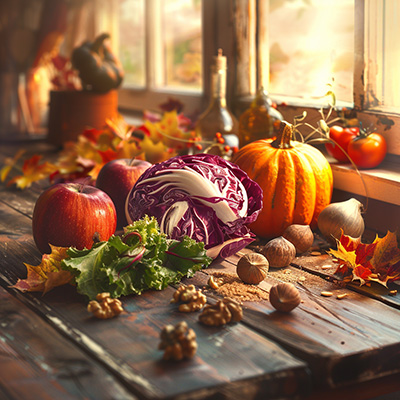 Bittertropfen: Ihr Ritual für den September „Herbstgemüse, Äpfel, Nüsse und Blätter auf Holztisch – Symbol für Bitterstoffe, Vitalstoffe und saisonale Ernährung“