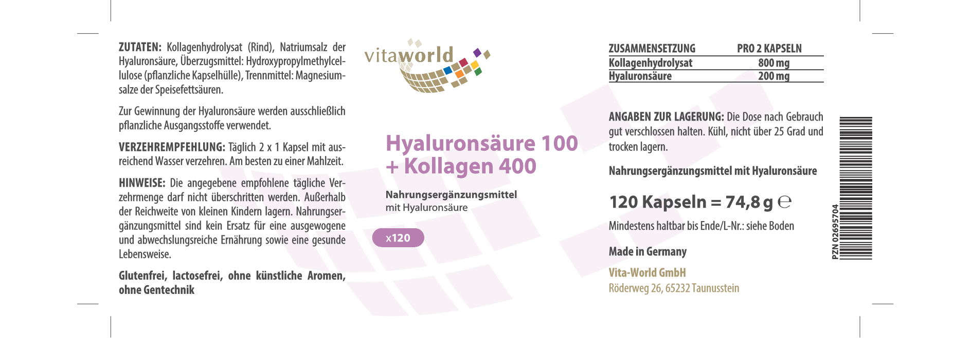 Hyaluronsäure 100 + Kollagen 400 (120 Kps)