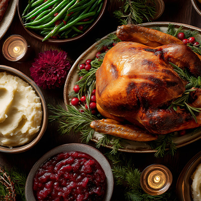 Festive roast turkey with sides like mashed potatoes, green beans and cranberry sauce – warm candlelight, holiday atmosphere