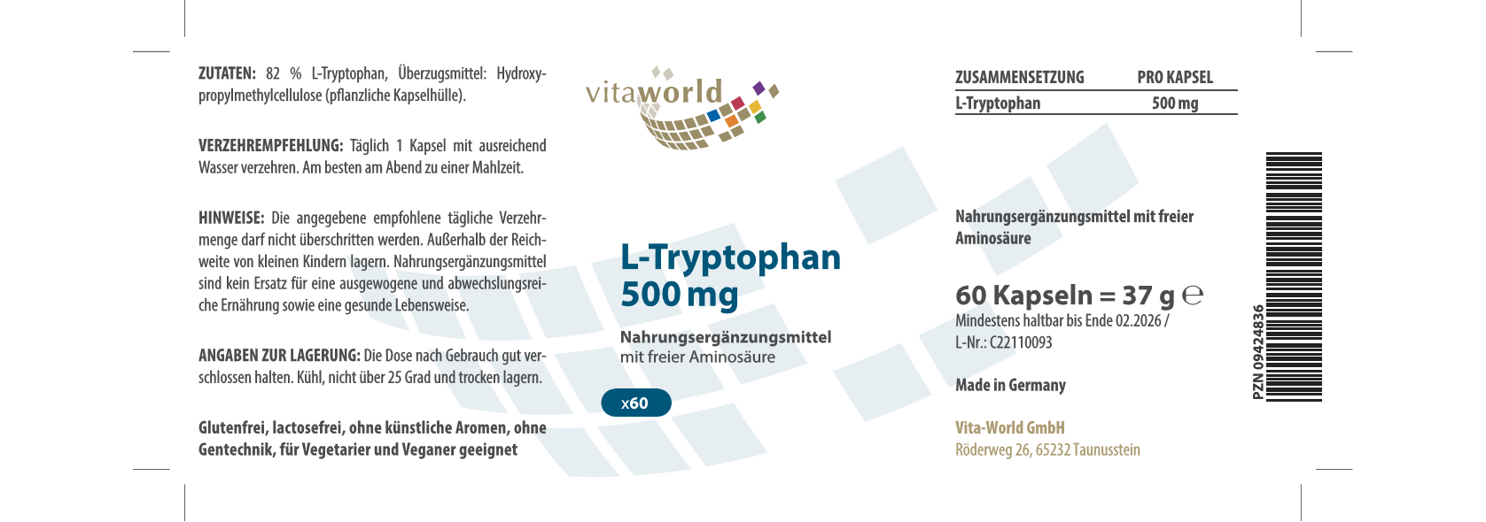 L-Tryptophan 500 mg (60 Kps)