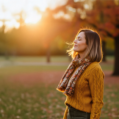 Ein Hauch Sonne für graue Tage „Frau im Herbstpark mit geschlossenen Augen genießt Sonnenlicht – Symbol für Vitamin-D-Aufnahme und Wohlbefinden“