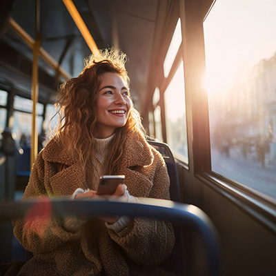 “Young woman in winter coat on bus at sunrise holding smartphone – symbol of daily life, mobility and joy”
