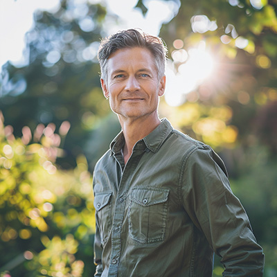Zinc & Selenium: Your support for men's health “Middle-aged man in sunlight surrounded by greenery – symbol of masculinity, vitality and healthy lifestyle”