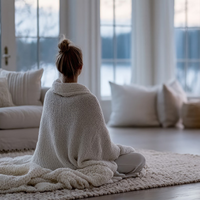 Frau sitzt in Decke gehüllt auf Teppich und blickt aus dem Fenster – kühles Morgenlicht, ruhige Winterstimmung im Wohnzimmer