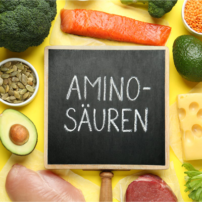 Tafel mit Schriftzug „Aminosäuren“ umgeben von proteinreichen Lebensmitteln auf gelbem Hintergrund