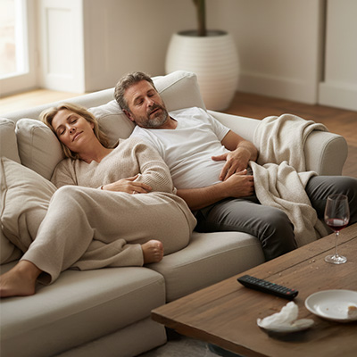 Ihr Küchenhelfer Bromelain Paar schläft entspannt auf dem Sofa unter Decken – Symbol für Regeneration, Enzymbalance und entspannten Lebensstil