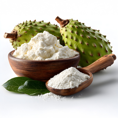 Soursop fruits with white powder in wooden bowl and spoon – symbol of natural plant power and vitality