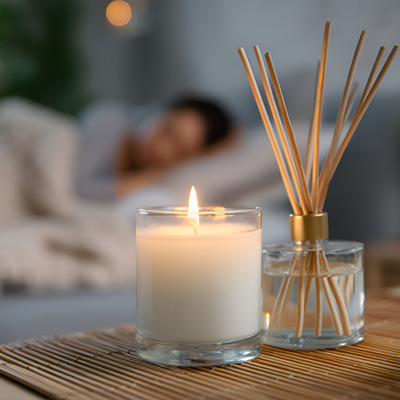 Magnesium Complex + Vitamin B6 in the evening “Burning candle and reed diffuser in front, person resting in back – symbol of relaxation and evening routine”