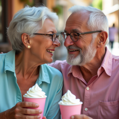 Smiling older couple with soft ice cream in pink cups – symbol of summer joy, vitality and balance