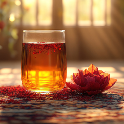 Ein Glas mit goldbraunem Safran-Tee auf einem farbenfrohen Teppich. Neben dem Glas liegt eine geöffnete, rote Blüte. Sonnenlicht fällt warm durch ein Fenster im Hintergrund