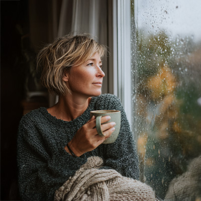 Nachdenkliche Frau sitzt mit Tasse am Fenster und schaut in den Regen – gedämpftes Tageslicht, ruhige Herbststimmung