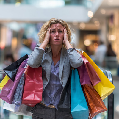 Gestresste Frau mit vielen bunten Einkaufstüten fasst sich im Einkaufszentrum an den Kopf – grelles Licht, hektische Atmosphäre
