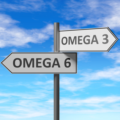 Signpost with “Omega 3” and “Omega 6” against blue sky – clear daylight, symbolic choice illustration
