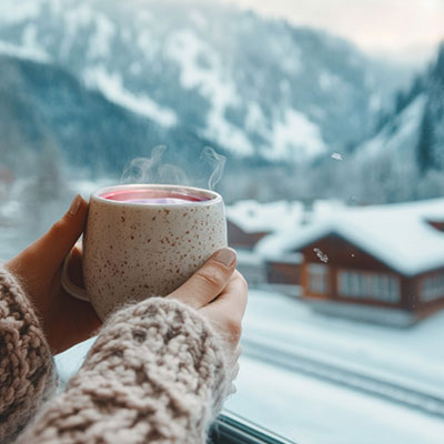 Hände in Wollärmeln halten dampfende Tasse am Fenster mit Blick auf verschneite Berglandschaft – klares Winterlicht, gemütliche Stimmung