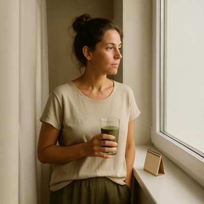 Tschüss, Sommer-Chaos – Hallo, Hormon-Balance! Frau steht mit grünem Smoothie am Fenster und blickt hinaus – Symbol für Morgenroutine, Klarheit und mentale Balance