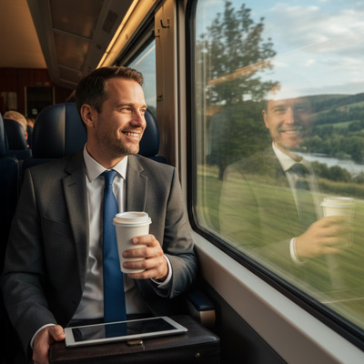 Good center, good day with inulin “Businessman with coffee on train looking out the window – symbol of commuting, calm and daily routine”