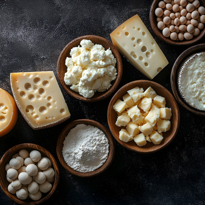 Zeit für einen Zell-Reset? Verschiedene Käsesorten, Hüttenkäse, Sojabohnen und Weizenkeime in Schalen – Symbol für spermidinreiche Ernährung