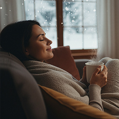 Frau eingekuschelt auf dem Sofa mit dampfendem Becher, draußen fällt Schnee – gedämpftes Licht, ruhige Winterabendstimmung