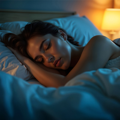 Sleep better with GABA “Young woman sleeping peacefully in bed with night lamp – symbol of GABA, sleep quality and nighttime recovery”