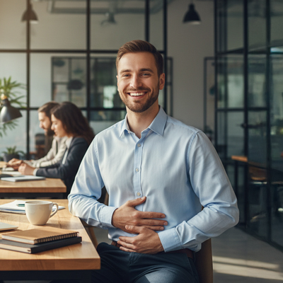 Young man sitting in office, smiling with hand on stomach – clear daylight, relaxed atmosphere in work environment