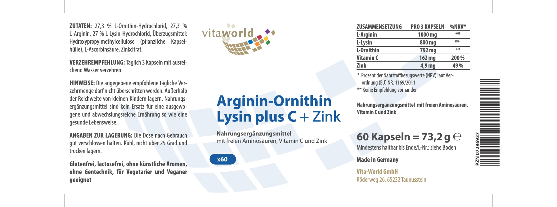 Arginin-Ornithin-Lysin + C + Zink 3er Pack (180 Kps)