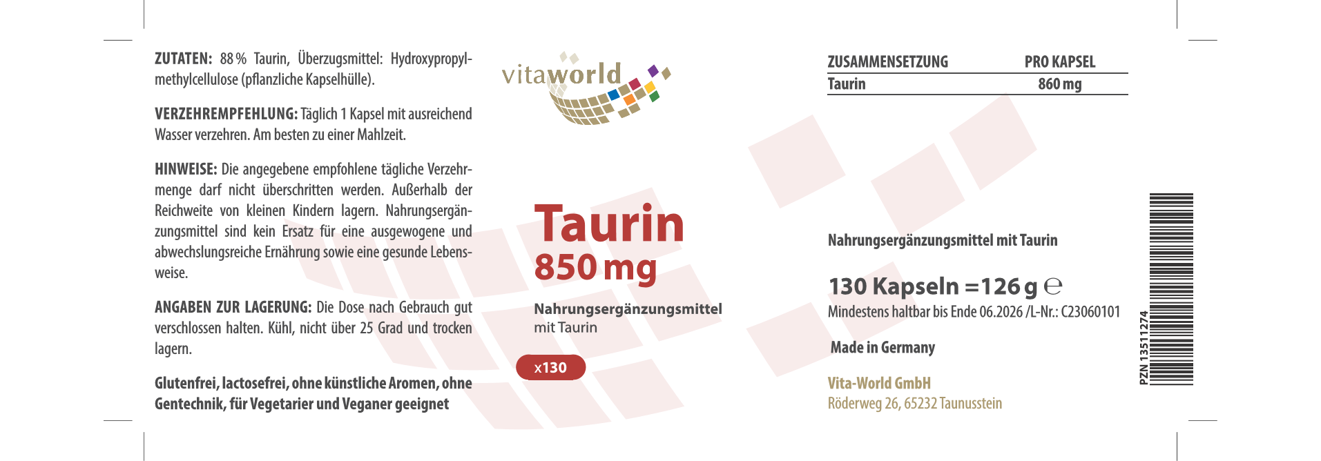 Taurin 850 mg (130 Kps)