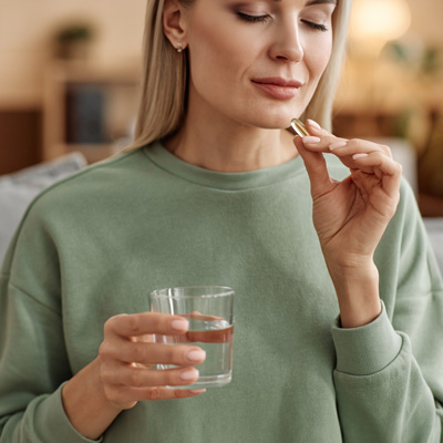 Woman taking capsule with water – soft lighting, calm everyday indoor scene