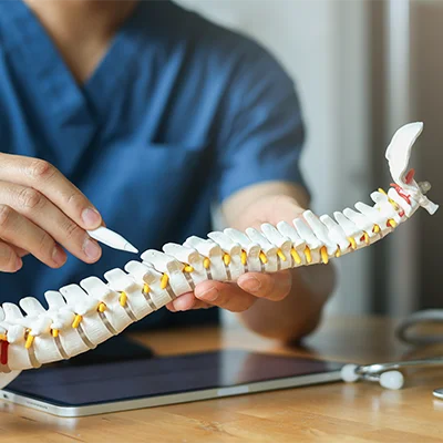 Medical professional pointing to details on an anatomical spine model – illustration of vertebrae and intervertebral discs
