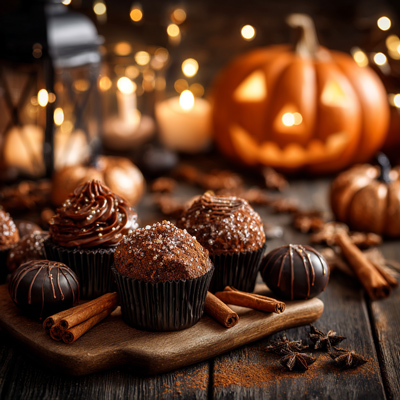 “Chocolate muffins with cinnamon on board, pumpkin and lights behind – symbol of indulgence without sugar crash”