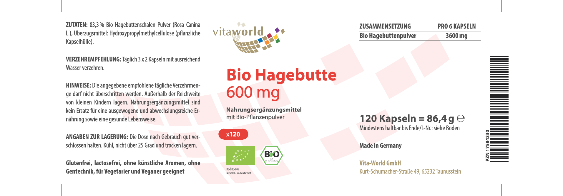 Hagebutte 600 mg Bio (120 Kps)